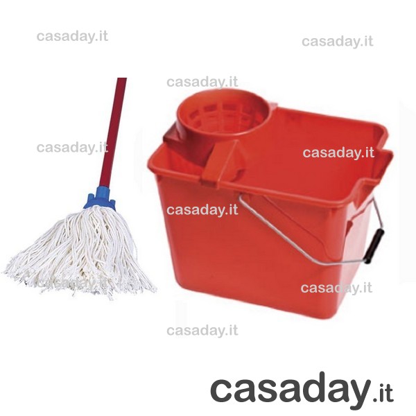 SECCHIO CON STRIZZATORE RETTANGOLARE COMPLETO DI MOP E MANICO SECCHIO CON STRIZZATORE RETTANGOLARE COMPLETO DI MOP E MANICO